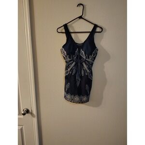 Navy Blue Paisley Mandala Print Tankini Swim Top V-Neck Racerback Mesh Womens M